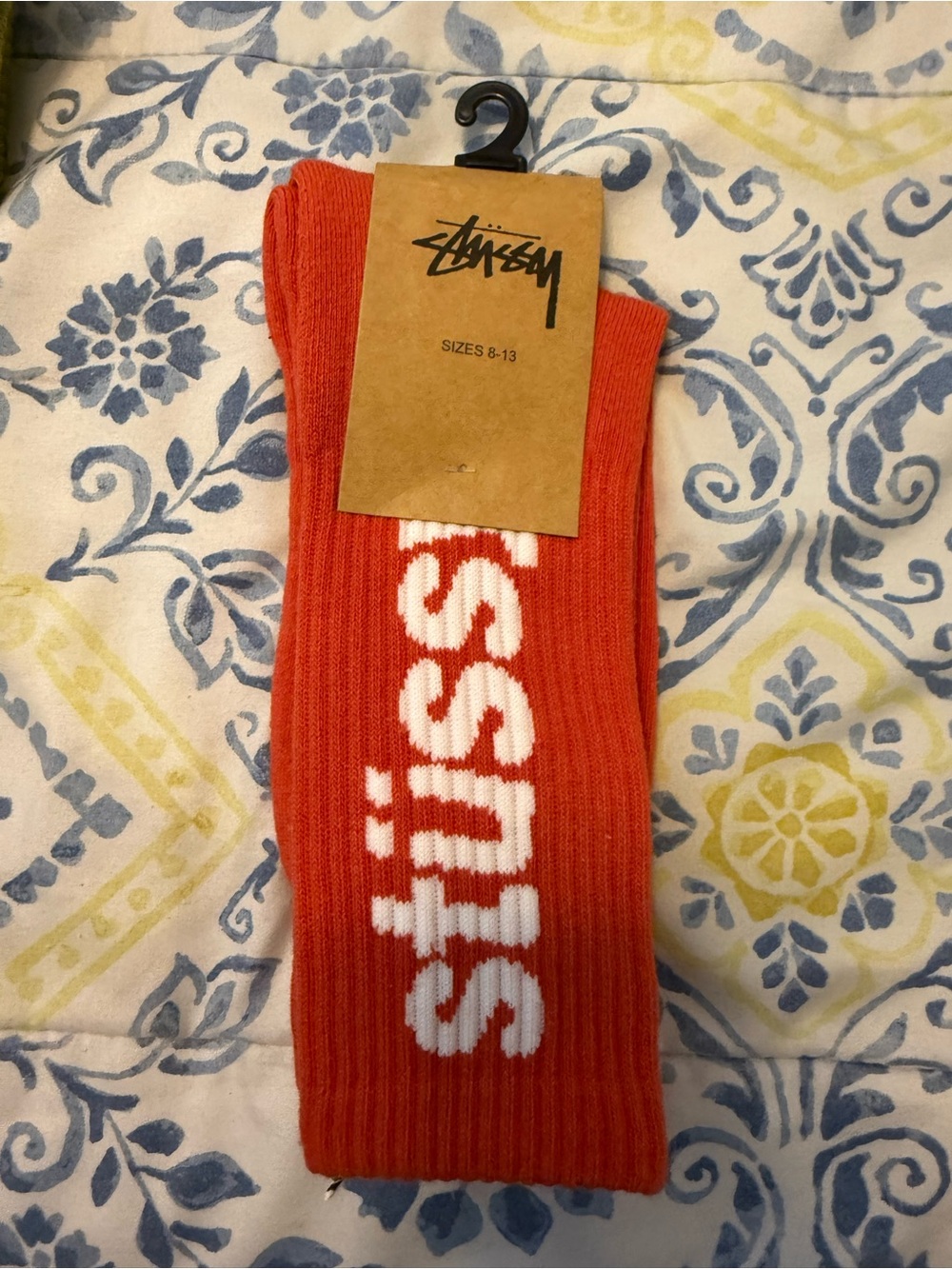 Stussy Helvetica Orange Crew Socks with White Logo